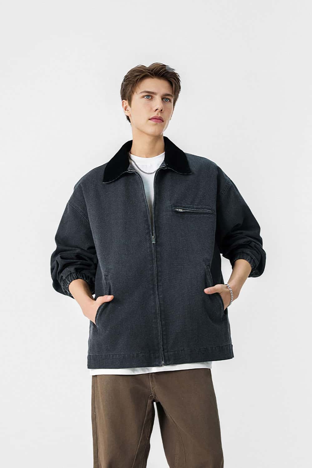 Washed Denim Jacket _ Vintage Contrast Collar Relaxed Fit Casual Outerwear