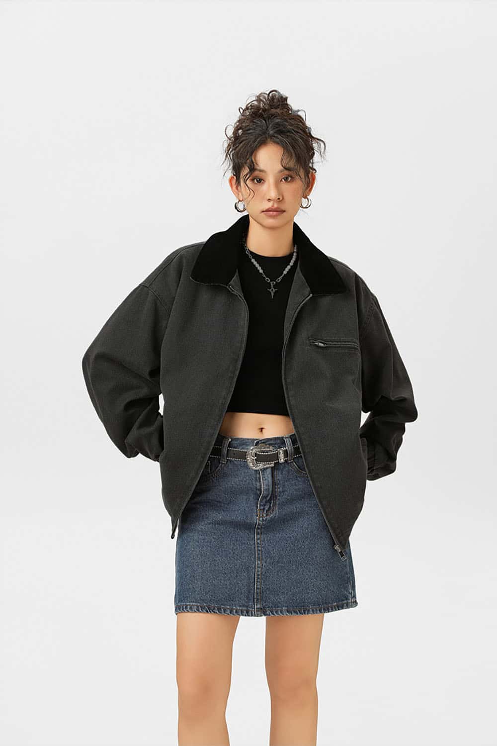 Washed Denim Jacket _ Vintage Contrast Collar Relaxed Fit Casual Outerwear