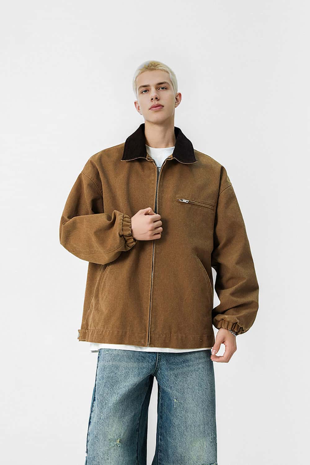 Washed Denim Jacket _ Vintage Contrast Collar Relaxed Fit Casual Outerwear