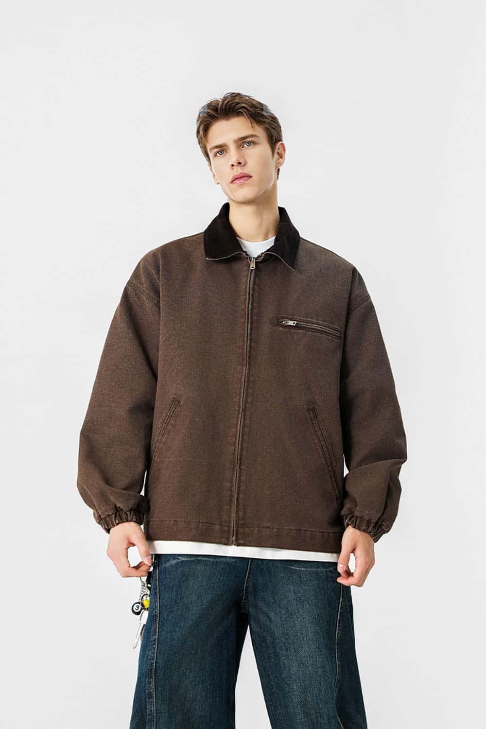 Washed Denim Jacket _ Vintage Contrast Collar Relaxed Fit Casual Outerwear