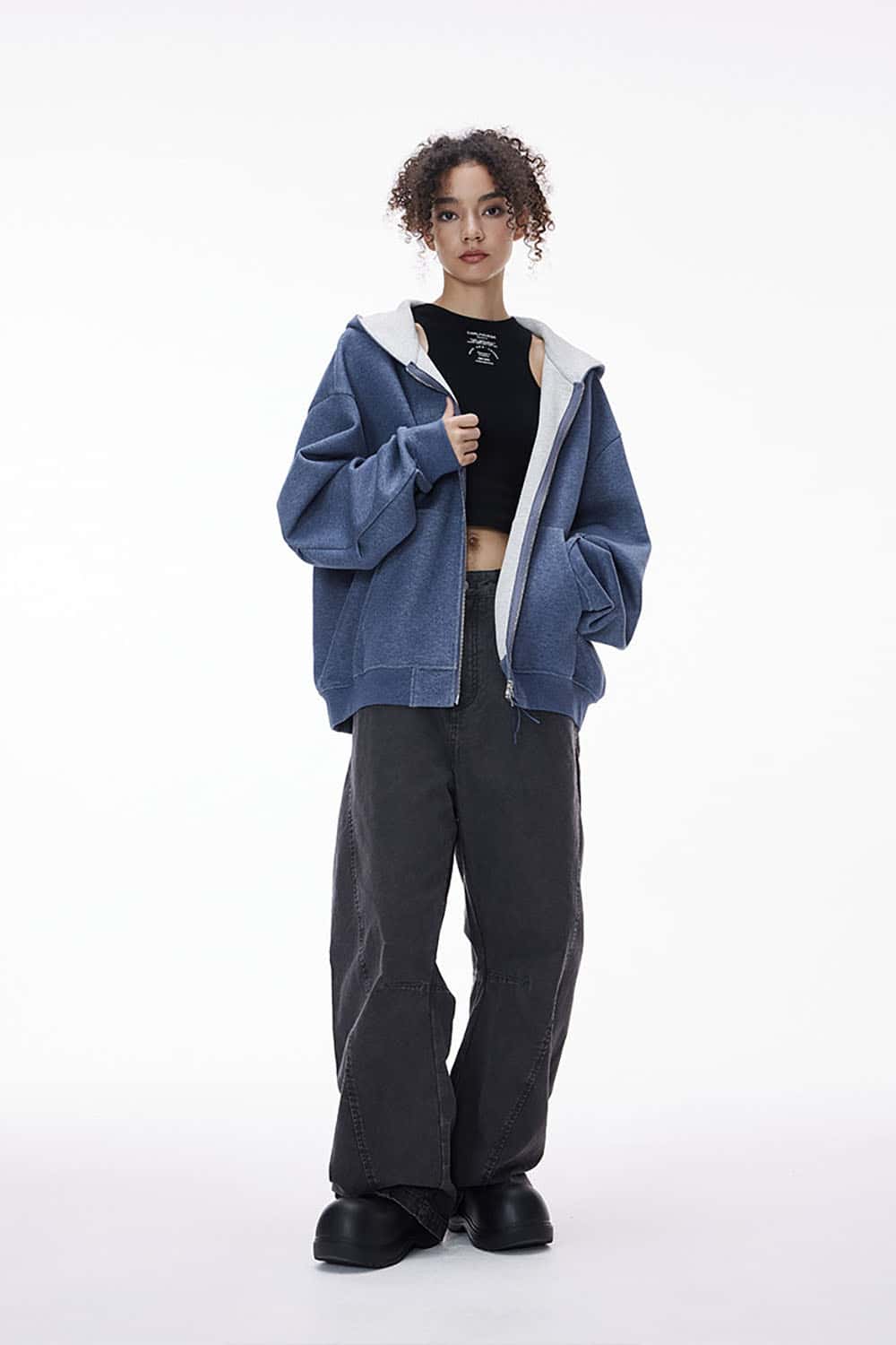 Double-Sided Zipper Contrast Short Hooded Sweatshirt _ Relaxed Fit Zip-Up Hoodie