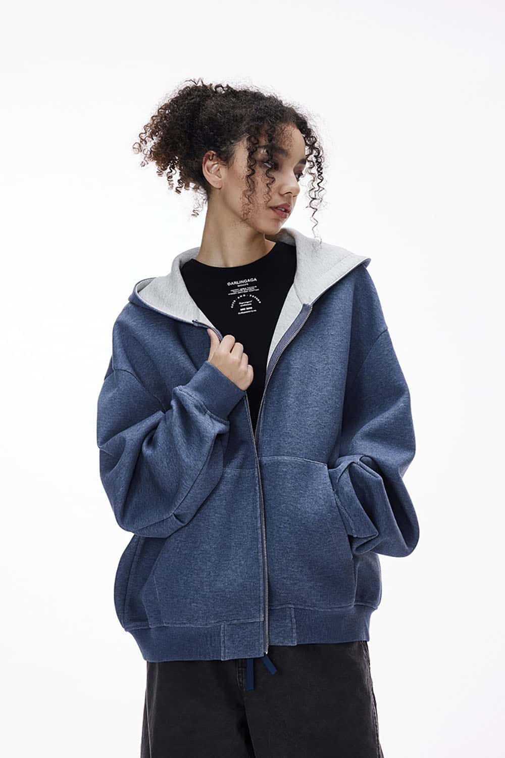 Double-Sided Zipper Contrast Short Hooded Sweatshirt _ Relaxed Fit Zip-Up Hoodie