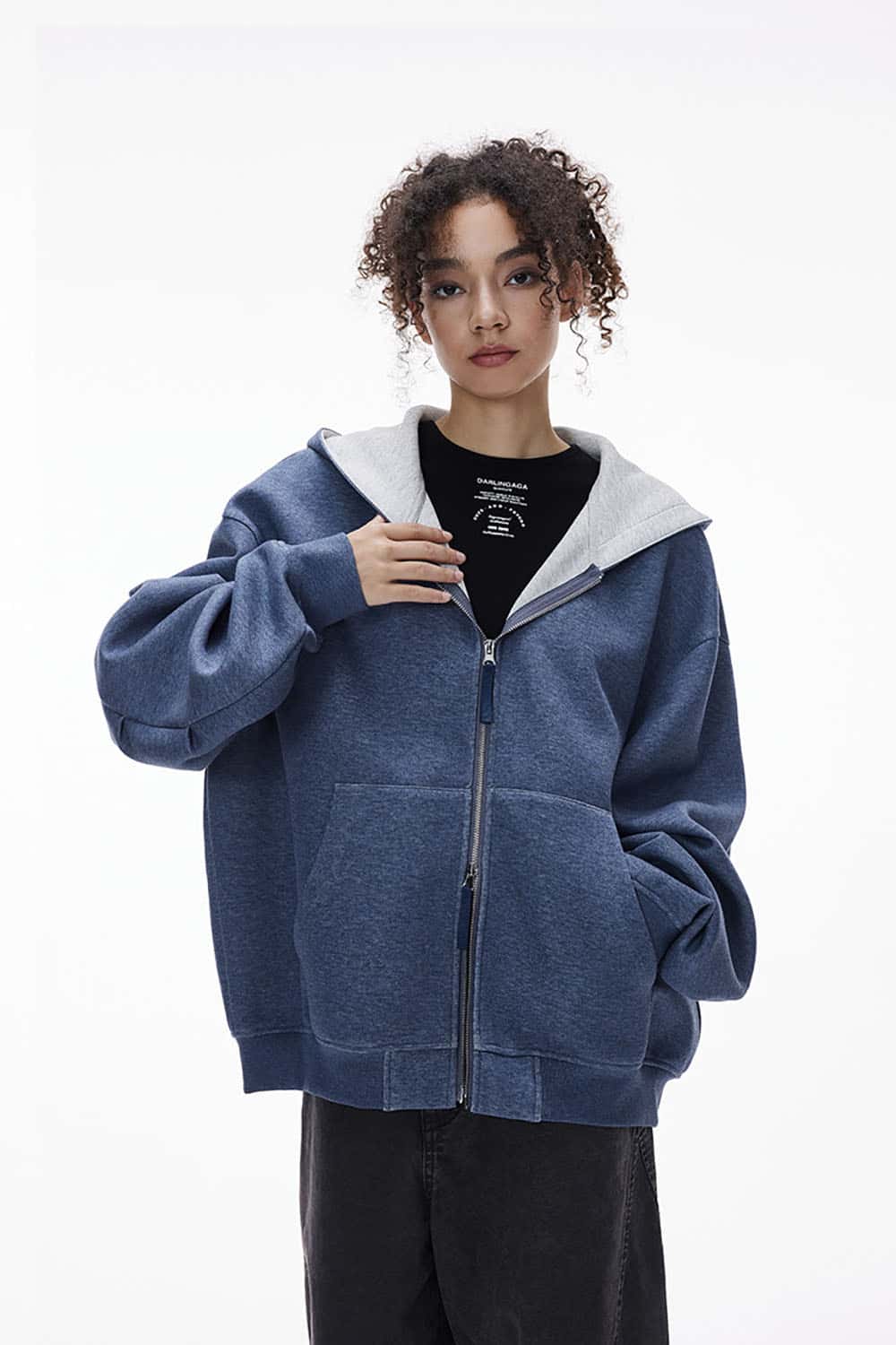Double-Sided Zipper Contrast Short Hooded Sweatshirt _ Relaxed Fit Zip-Up Hoodie