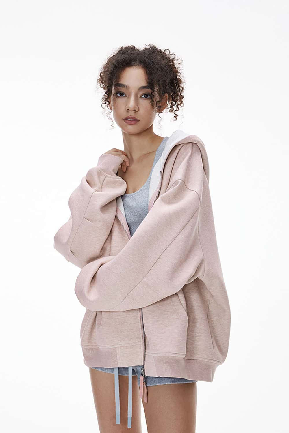 Double-Sided Zipper Contrast Short Hooded Sweatshirt _ Relaxed Fit Zip-Up Hoodie