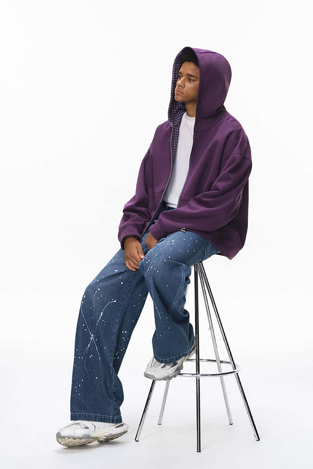 Plaid Contrast Short Hooded Sweatshirt _ Relaxed Fit Zip-Up Casual Jacket