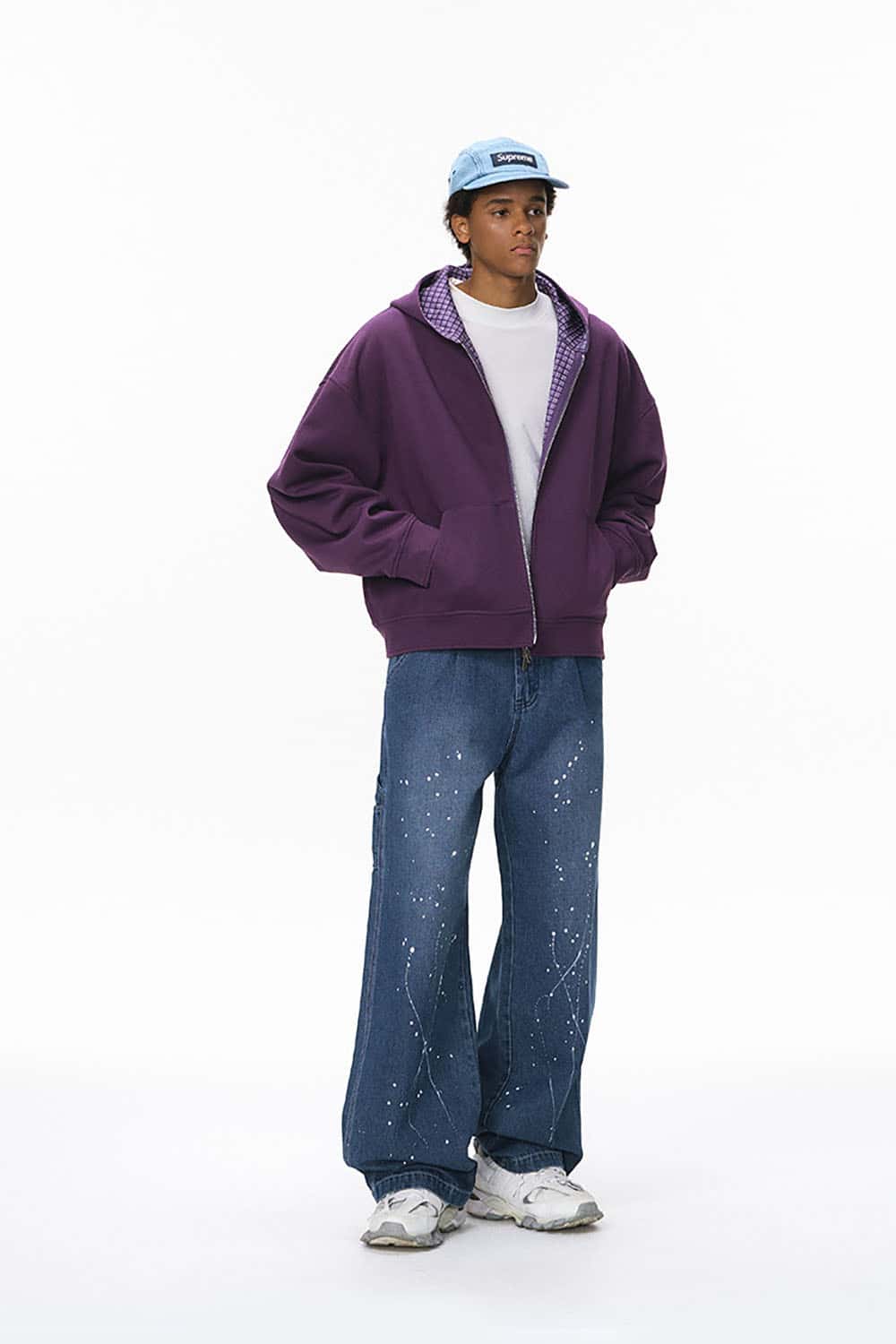 Plaid Contrast Short Hooded Sweatshirt _ Relaxed Fit Zip-Up Casual Jacket