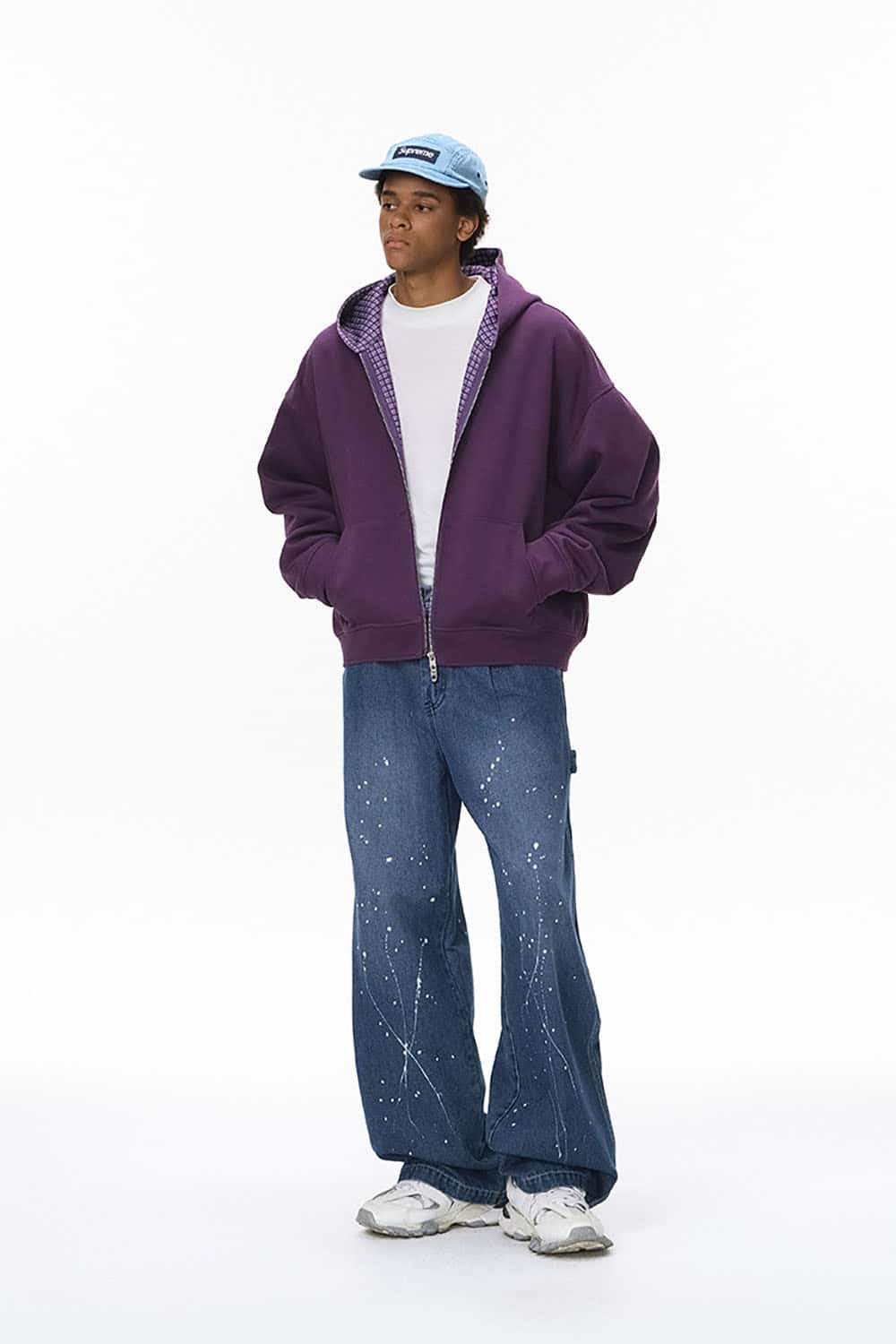 Plaid Contrast Short Hooded Sweatshirt _ Relaxed Fit Zip-Up Casual Jacket