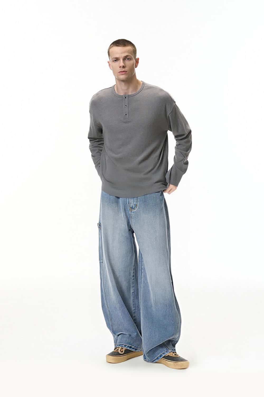 Wide-Leg Workwear Denim Jeans _ Vintage Washed Relaxed Fit Blended Casual Pants