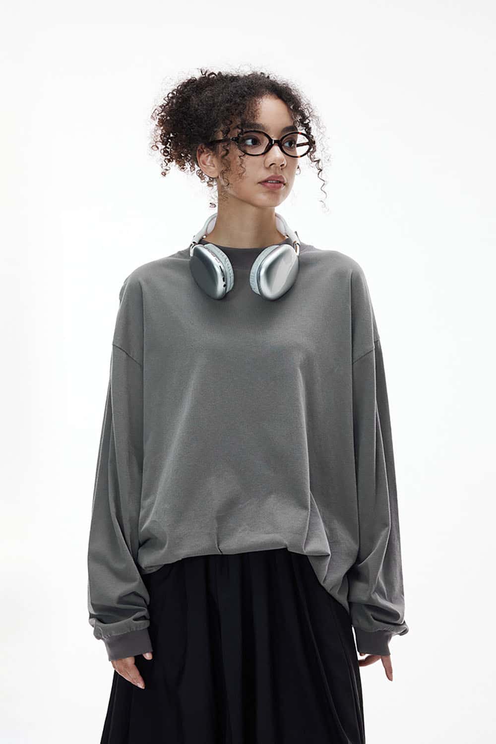 Pima Cotton Linen Blend Long Sleeve T-Shirt _ Solid Color Mock Neck Top