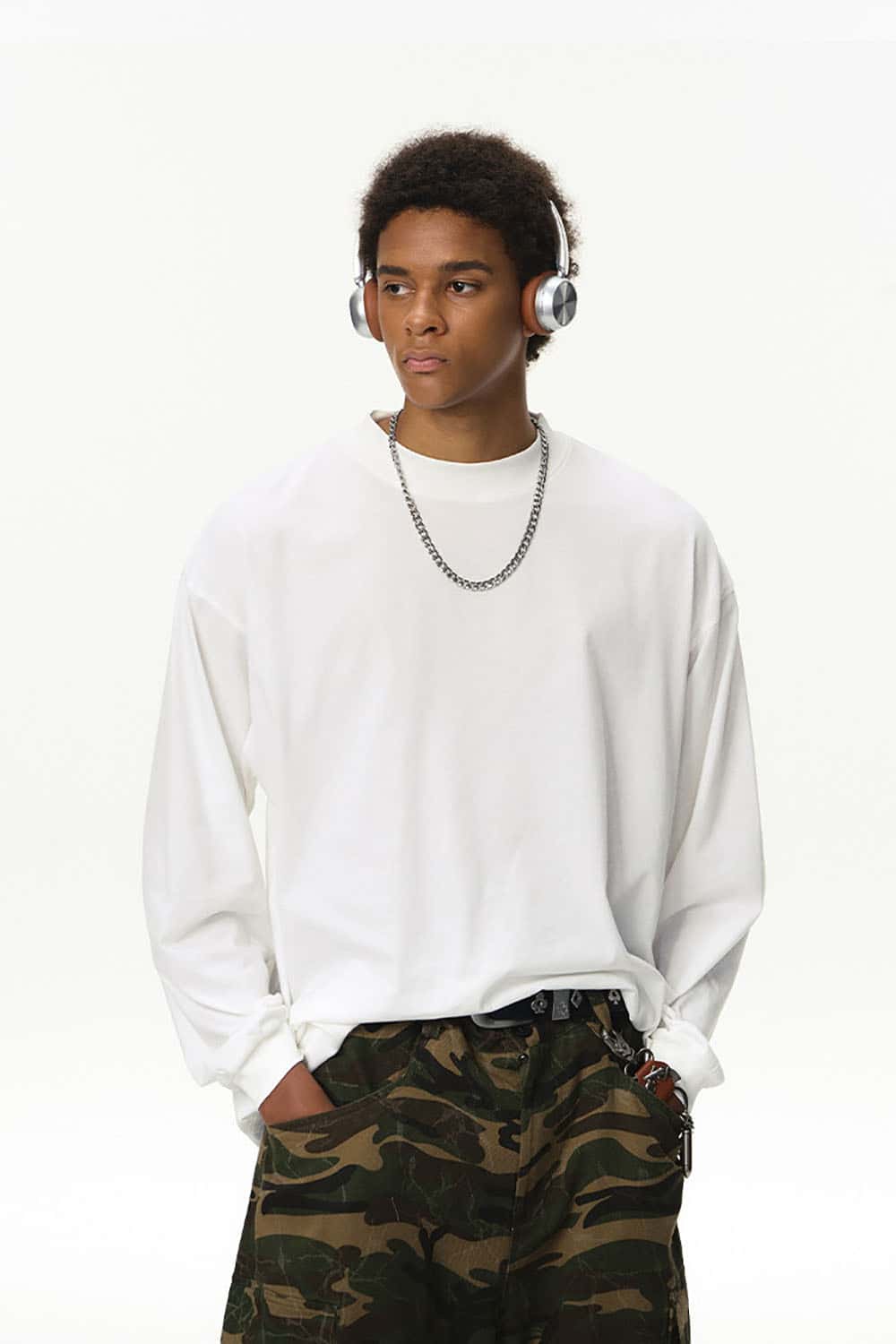 Pima Cotton Linen Blend Long Sleeve T-Shirt _ Solid Color Mock Neck Top