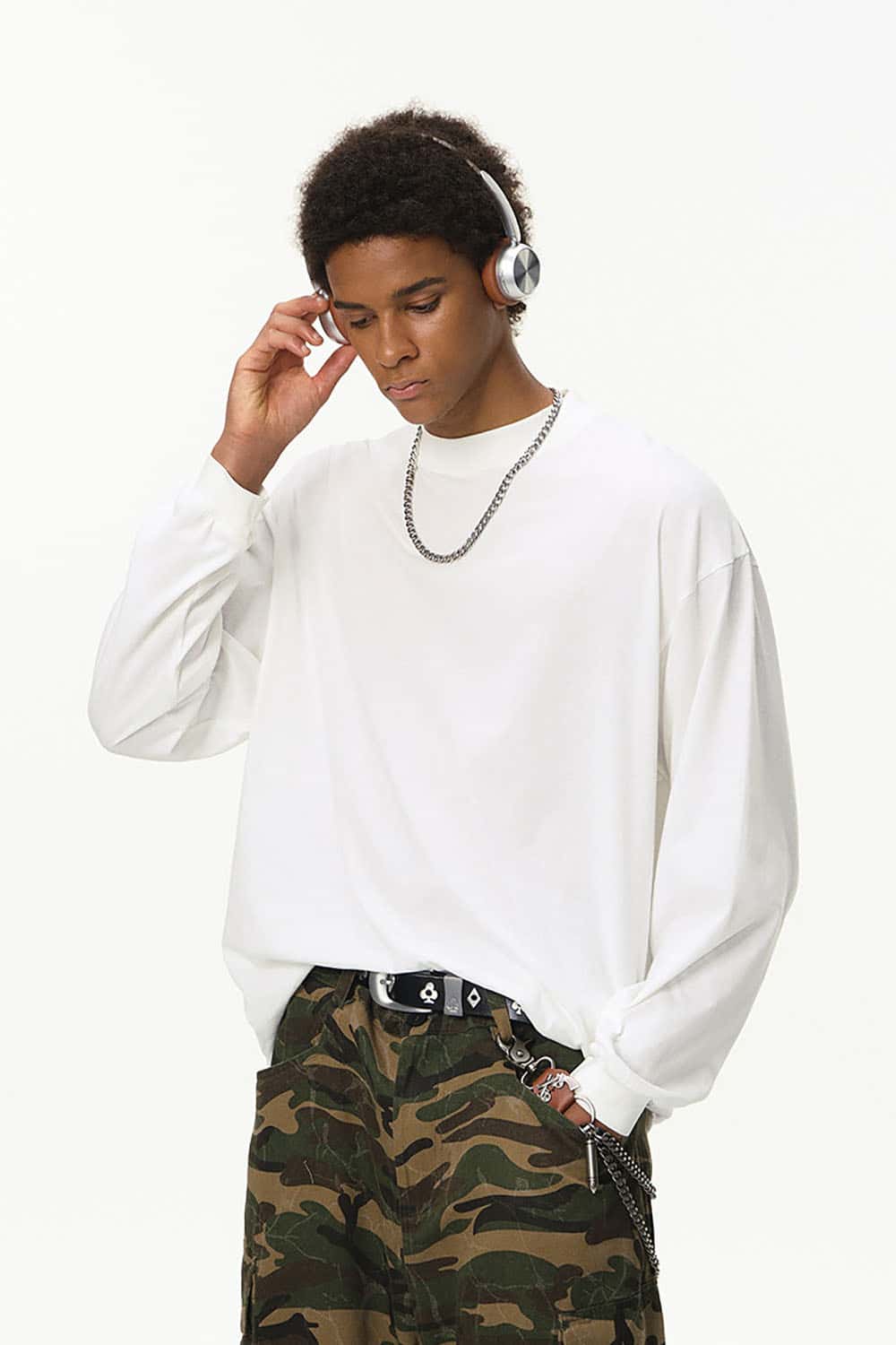 Pima Cotton Linen Blend Long Sleeve T-Shirt _ Solid Color Mock Neck Top