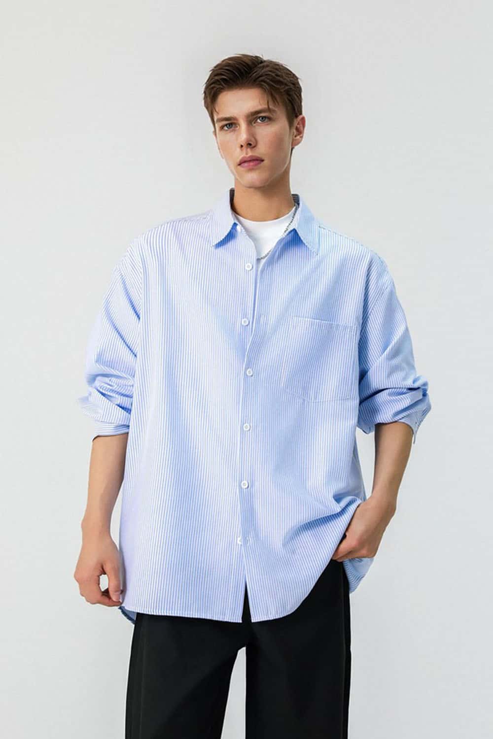 Windproof Contrast Stripe Shirt _ Casual Long Sleeve Button-Up Top