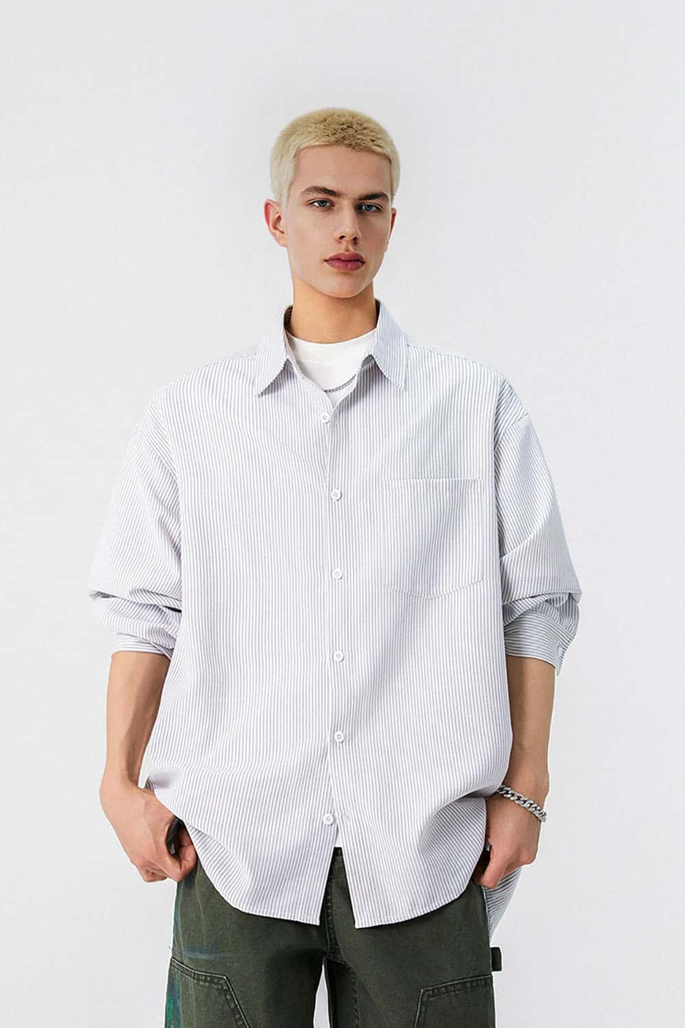 Windproof Contrast Stripe Shirt _ Casual Long Sleeve Button-Up Top