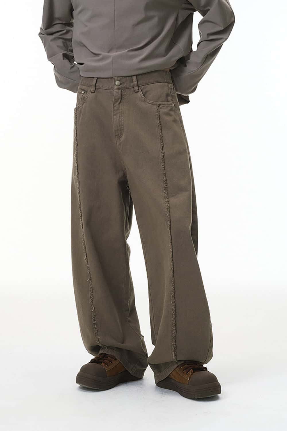 Deconstructed Washed Workwear Pants _ Distressed Raw Edge Relaxed Fit Trousers