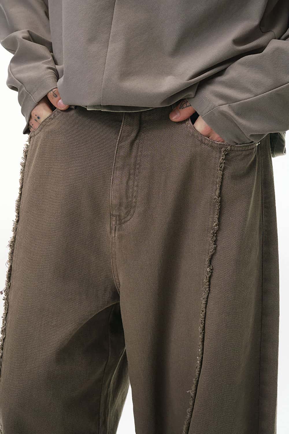 Deconstructed Washed Workwear Pants _ Distressed Raw Edge Relaxed Fit Trousers
