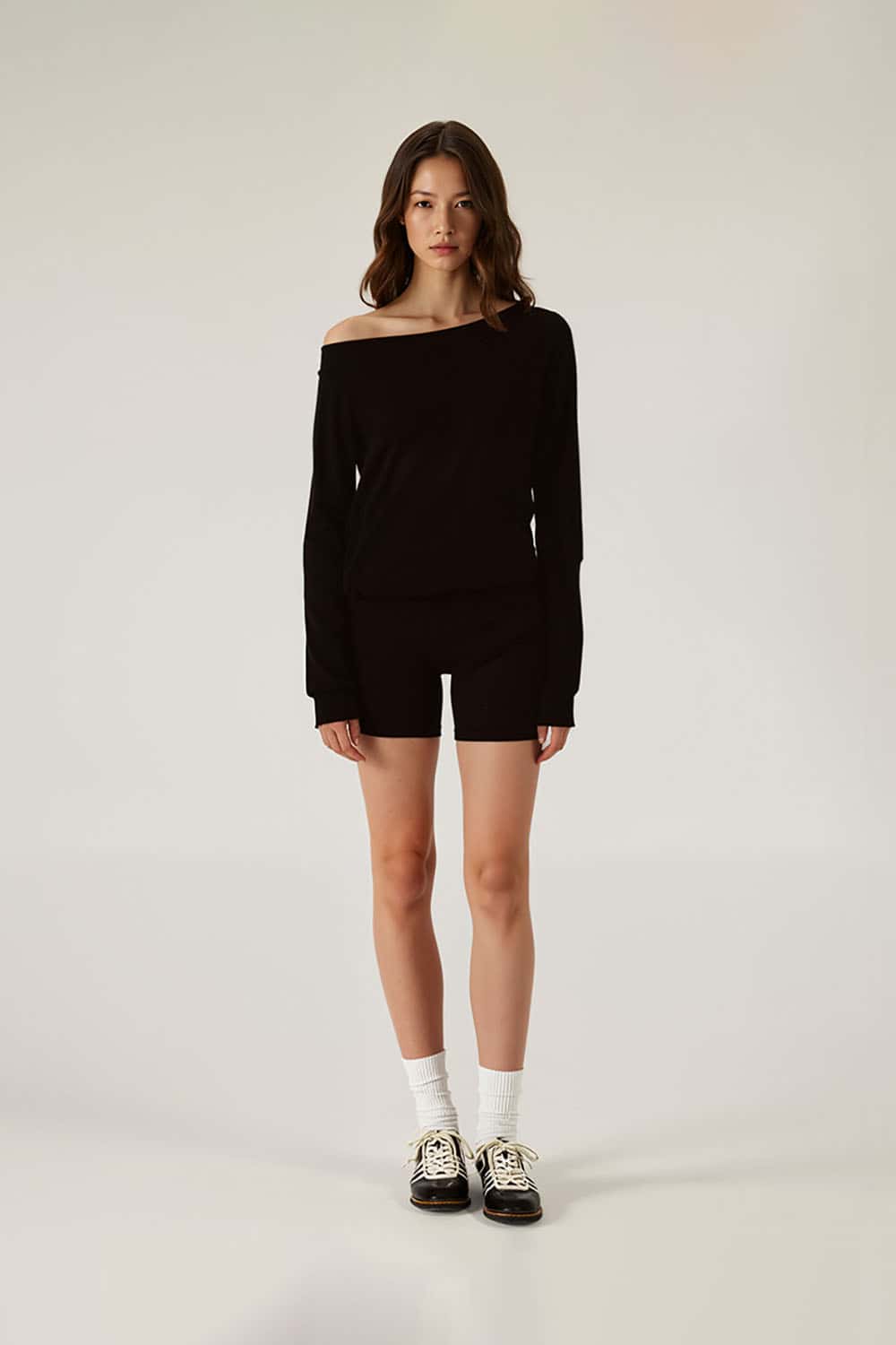 Modal Asymmetric Shoulder Long Sleeve Top _ Fitted Waist Base Layer Tee