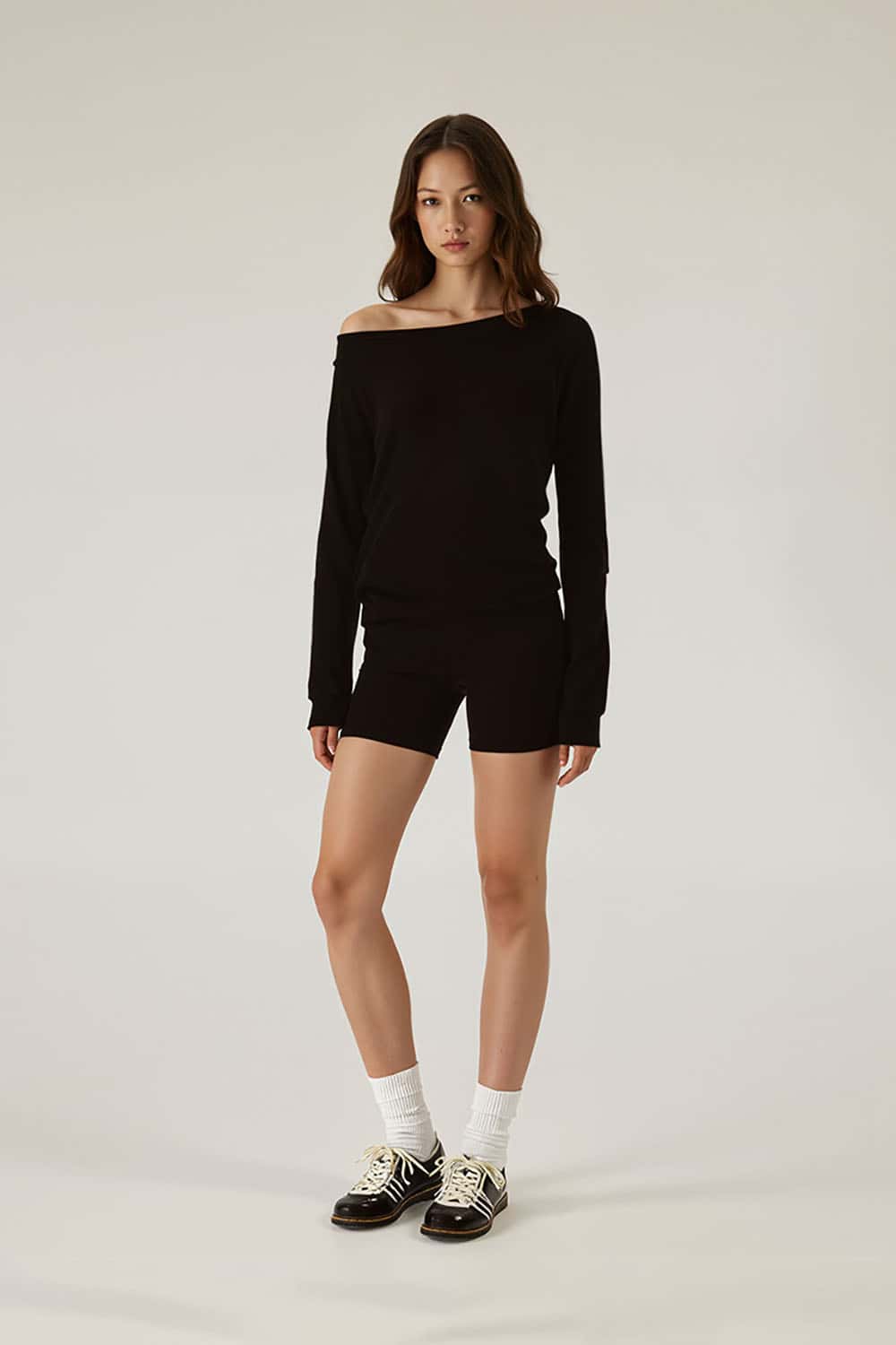 Modal Asymmetric Shoulder Long Sleeve Top _ Fitted Waist Base Layer Tee