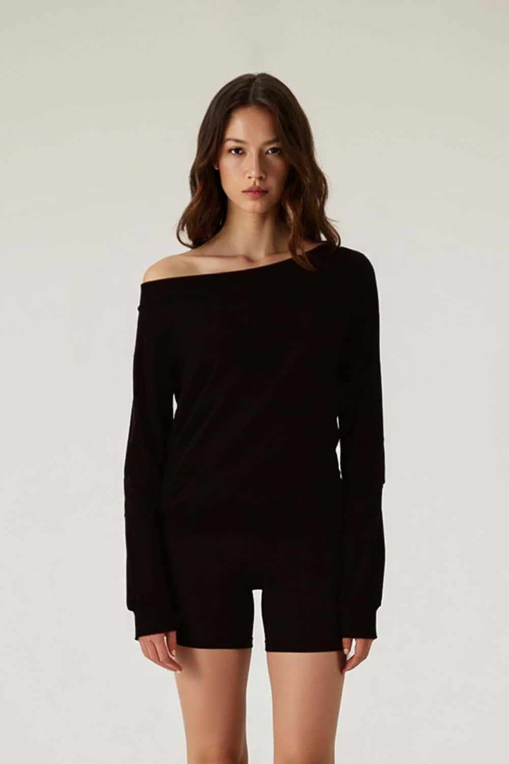 Modal Asymmetric Shoulder Long Sleeve Top _ Fitted Waist Base Layer Tee
