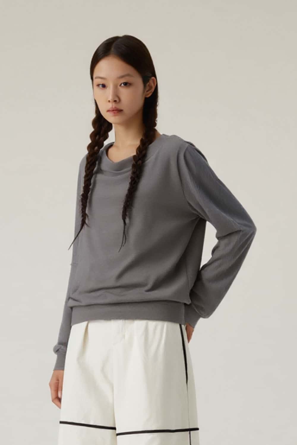 Modal Asymmetric Shoulder Long Sleeve Top _ Fitted Waist Base Layer Tee