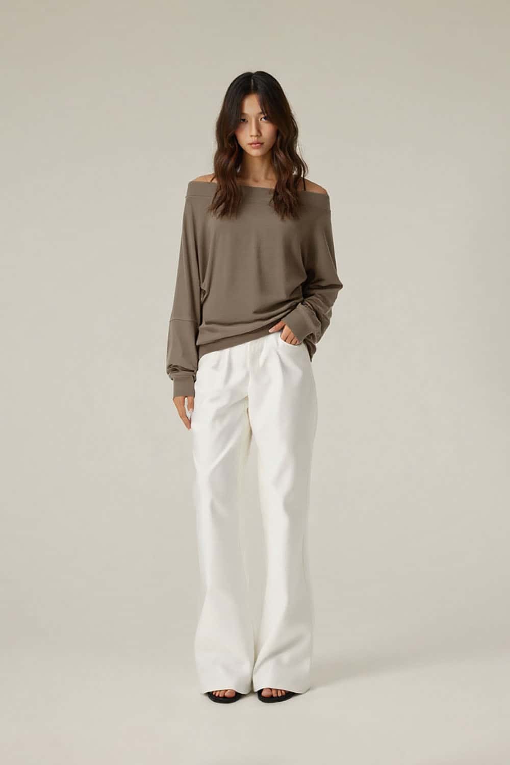 Modal Asymmetric Shoulder Long Sleeve Top _ Fitted Waist Base Layer Tee