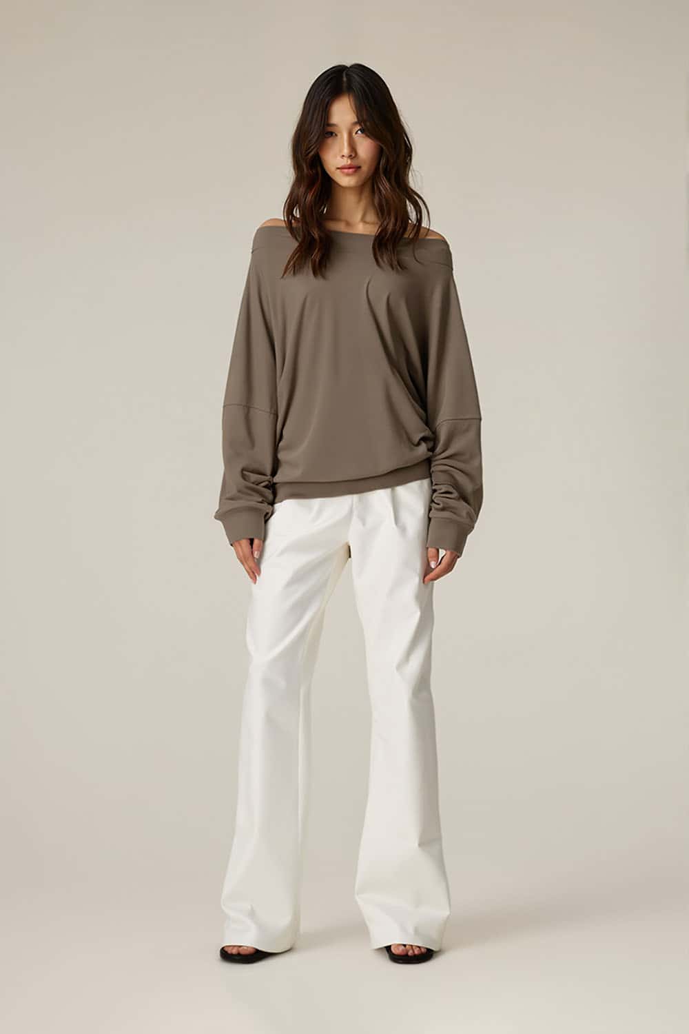 Modal Asymmetric Shoulder Long Sleeve Top _ Fitted Waist Base Layer Tee