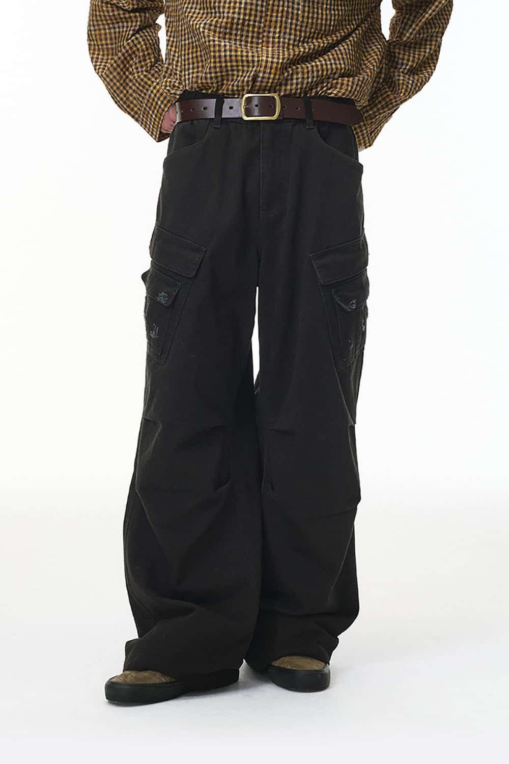 Distressed Washed Multi-Pocket Cargo Pants _ Vintage Loose Fit Utility Trousers