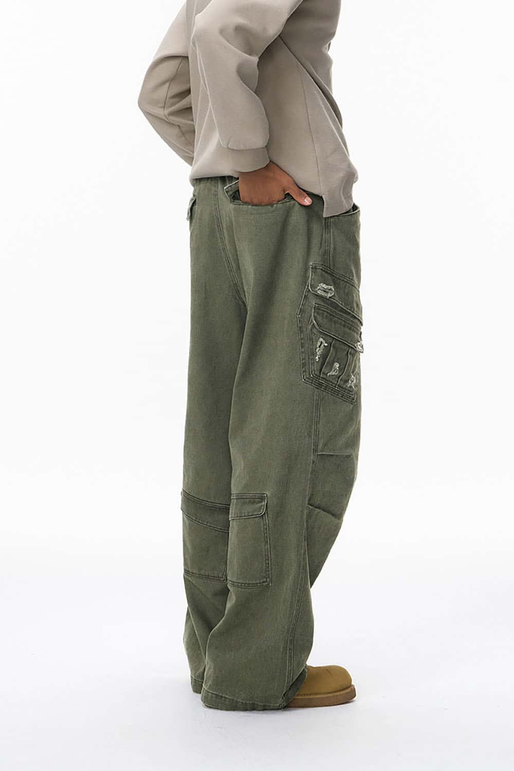 Distressed Washed Multi-Pocket Cargo Pants _ Vintage Loose Fit Utility Trousers