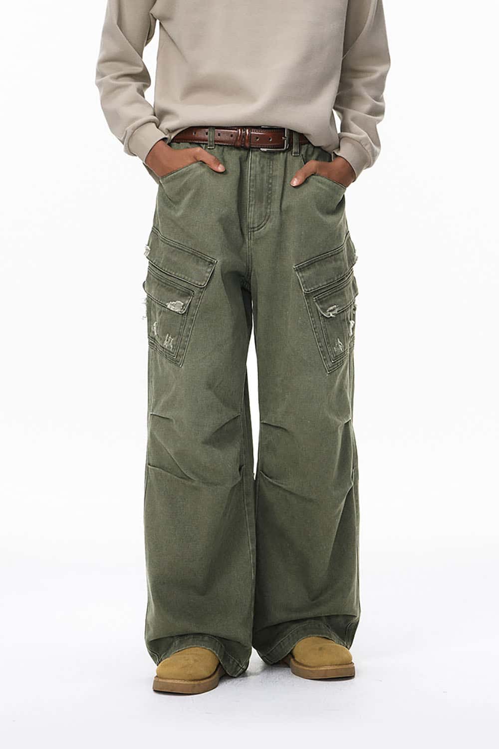Distressed Washed Multi-Pocket Cargo Pants _ Vintage Loose Fit Utility Trousers