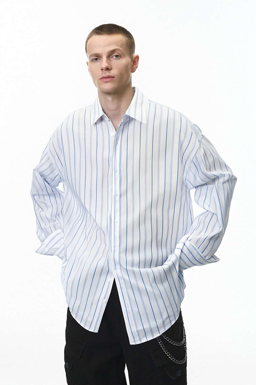 Minimal Stripe Button-Up Shirt _ Casual Relaxed Fit Long Sleeve Top