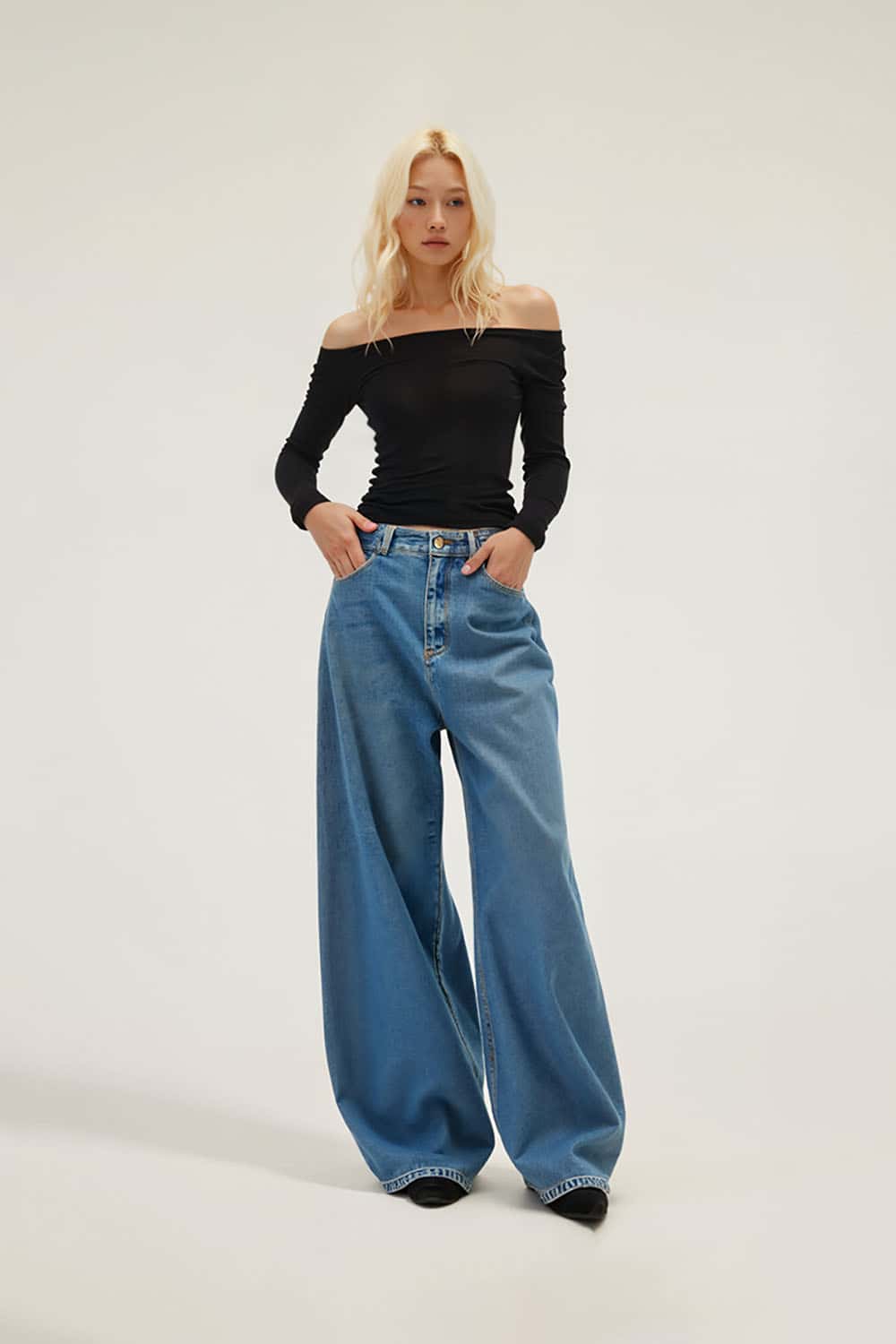 Tencel Wool Blend Boat Neck Top _ Slim Fit Off-Shoulder Long Sleeve Tee