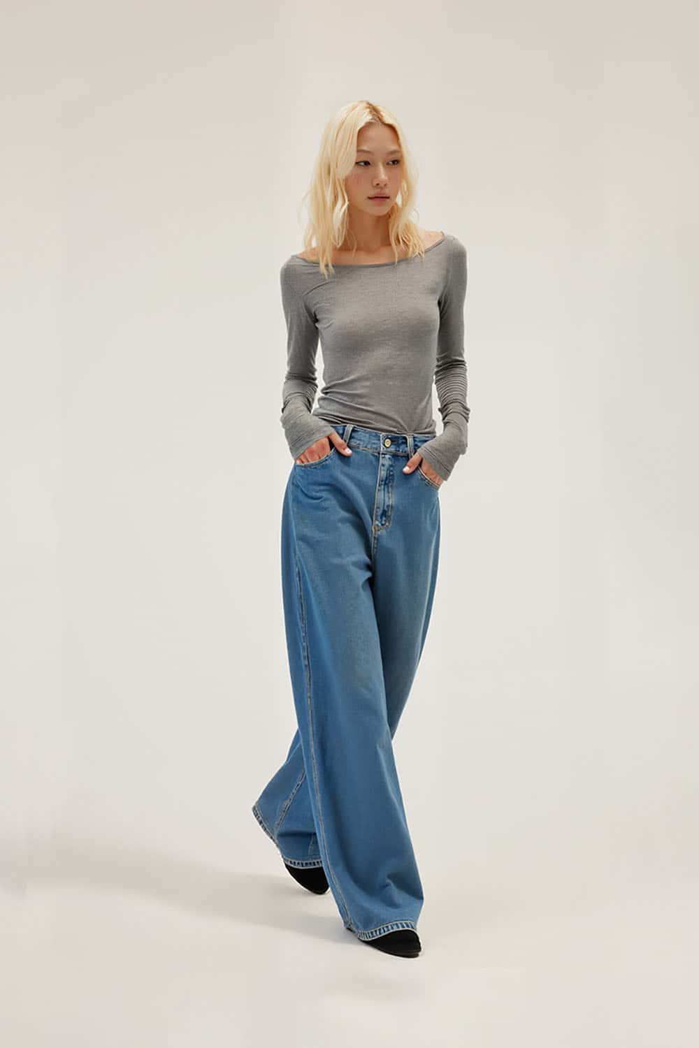 Tencel Wool Blend Boat Neck Top _ Slim Fit Off-Shoulder Long Sleeve Tee