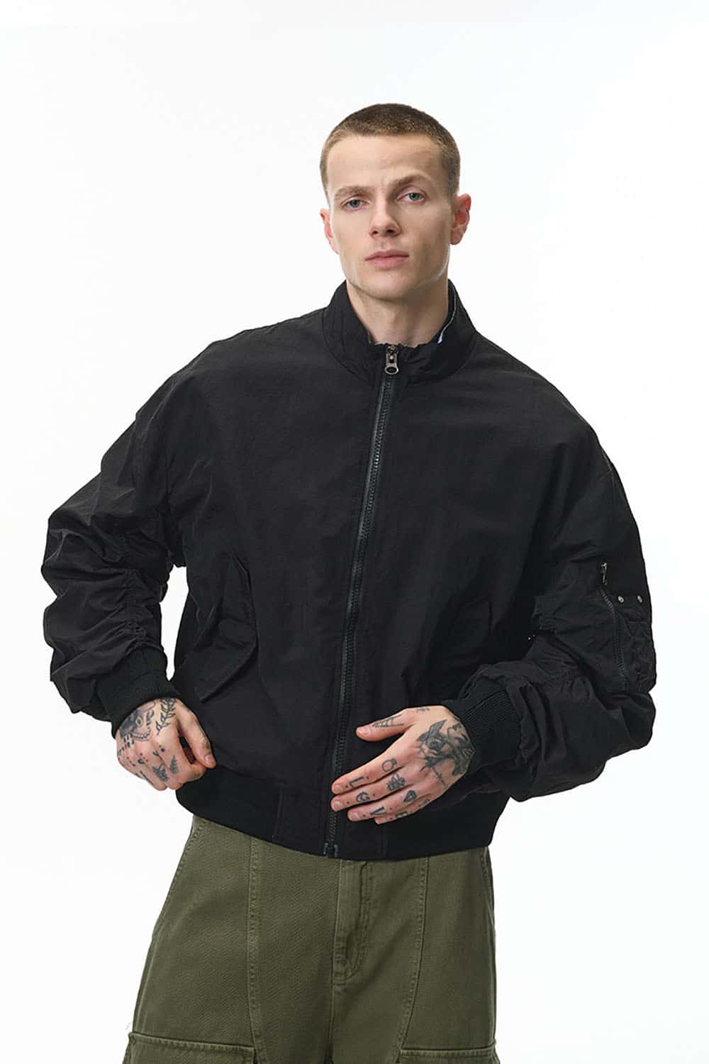 Short Bomber Jacket with Stand Collar _ Plaid Contrast Baseball Style Outerwear