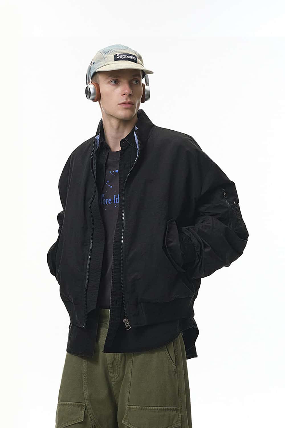 Short Bomber Jacket with Stand Collar _ Plaid Contrast Baseball Style Outerwear