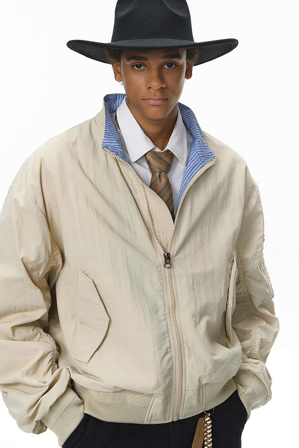 Short Bomber Jacket with Stand Collar _ Plaid Contrast Baseball Style Outerwear