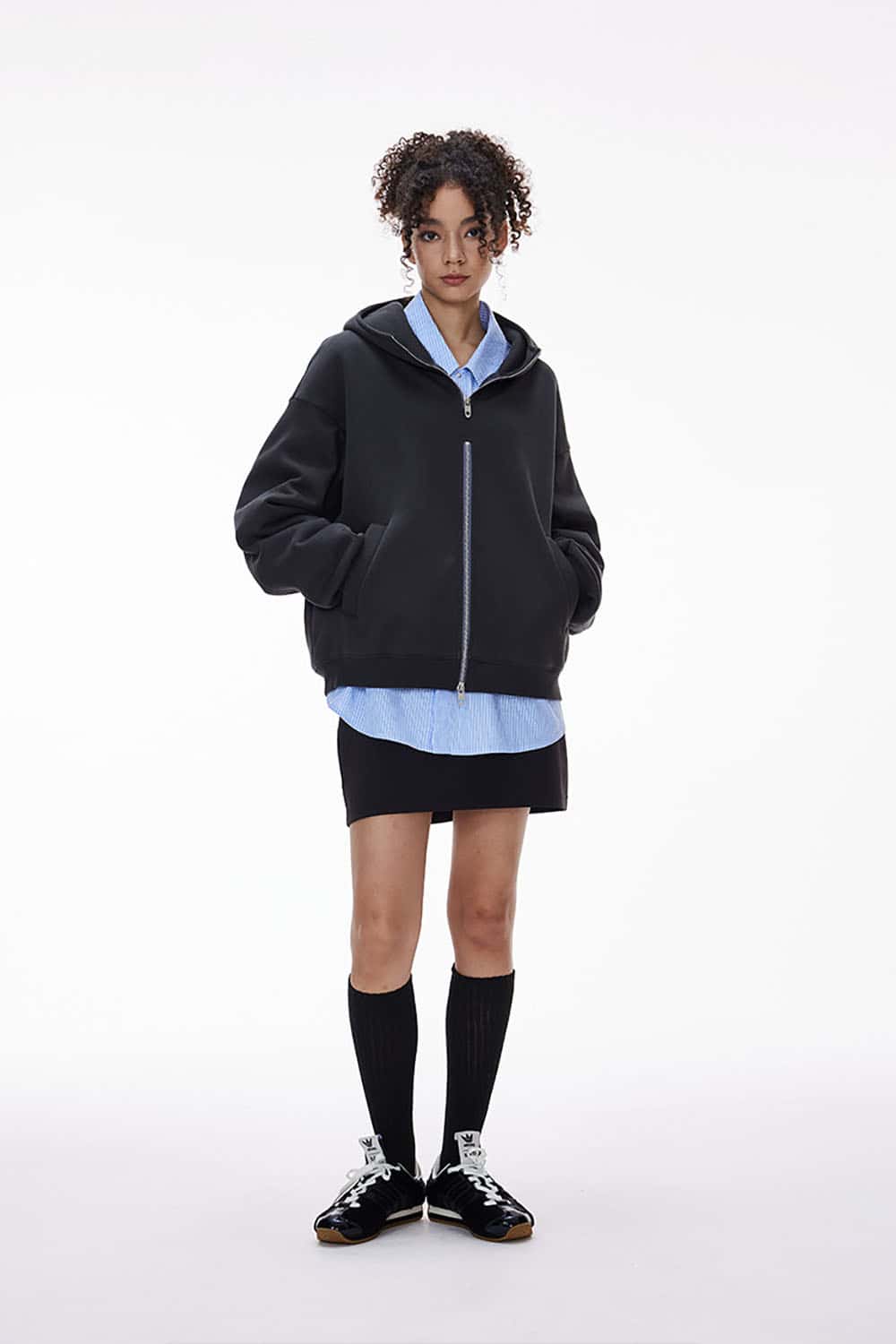 Fleece-Lined Double Zipper Cropped Hoodie _ Short Flame Knit Zip-Up Jacket