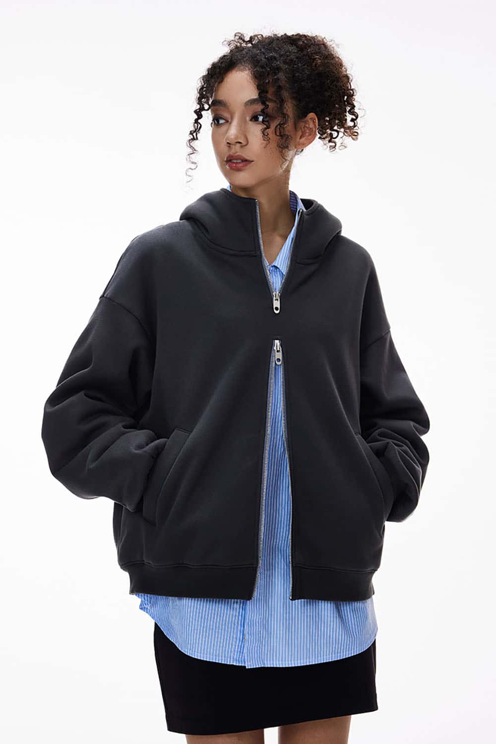 Fleece-Lined Double Zipper Cropped Hoodie _ Short Flame Knit Zip-Up Jacket