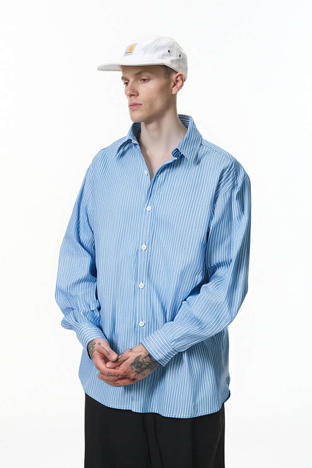 Blue Stripe Button-Up Shirt _ Casual Relaxed Fit Long Sleeve Top