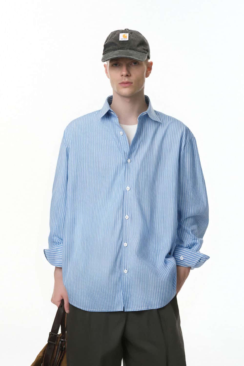 Blue Stripe Button-Up Shirt _ Casual Relaxed Fit Long Sleeve Top
