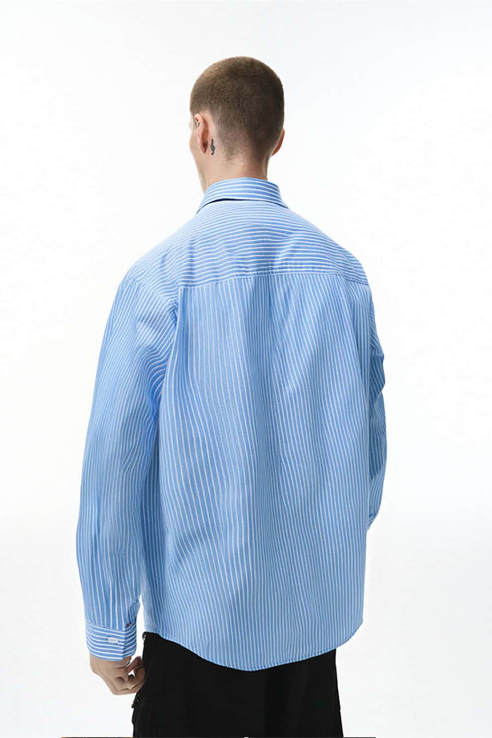 Blue Stripe Button-Up Shirt _ Casual Relaxed Fit Long Sleeve Top