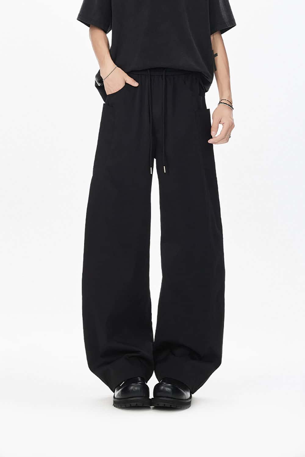 Wide-Leg Curved Seam Pleated Pants _ Solid Color Relaxed Fit Casual Trousers