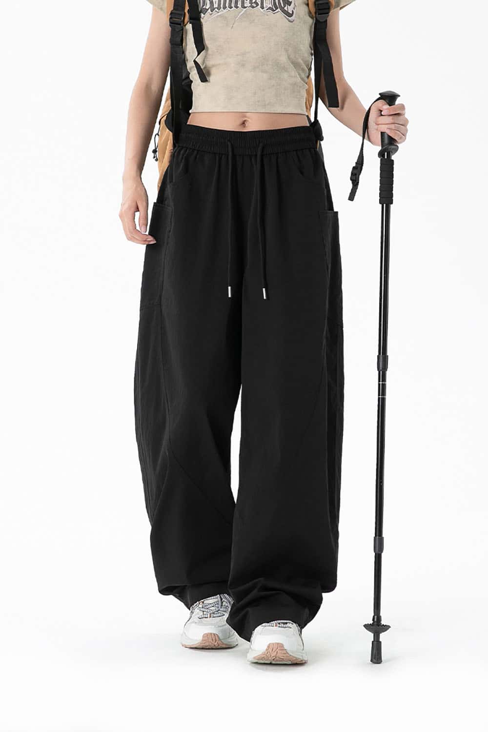 Wide-Leg Curved Seam Pleated Pants _ Solid Color Relaxed Fit Casual Trousers