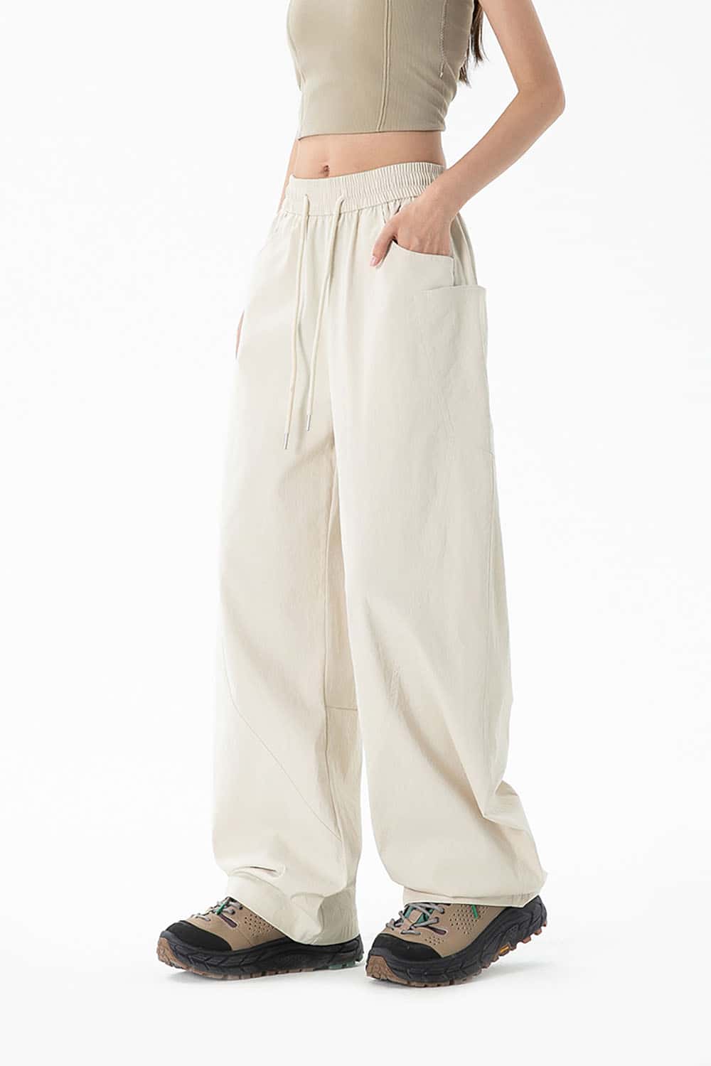 Wide-Leg Curved Seam Pleated Pants _ Solid Color Relaxed Fit Casual Trousers