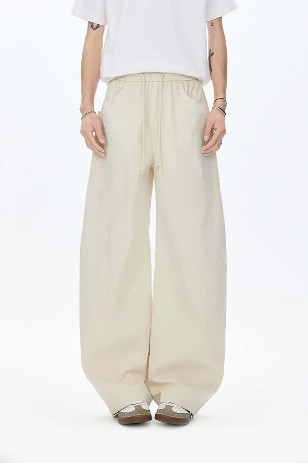 Wide-Leg Curved Seam Pleated Pants _ Solid Color Relaxed Fit Casual Trousers