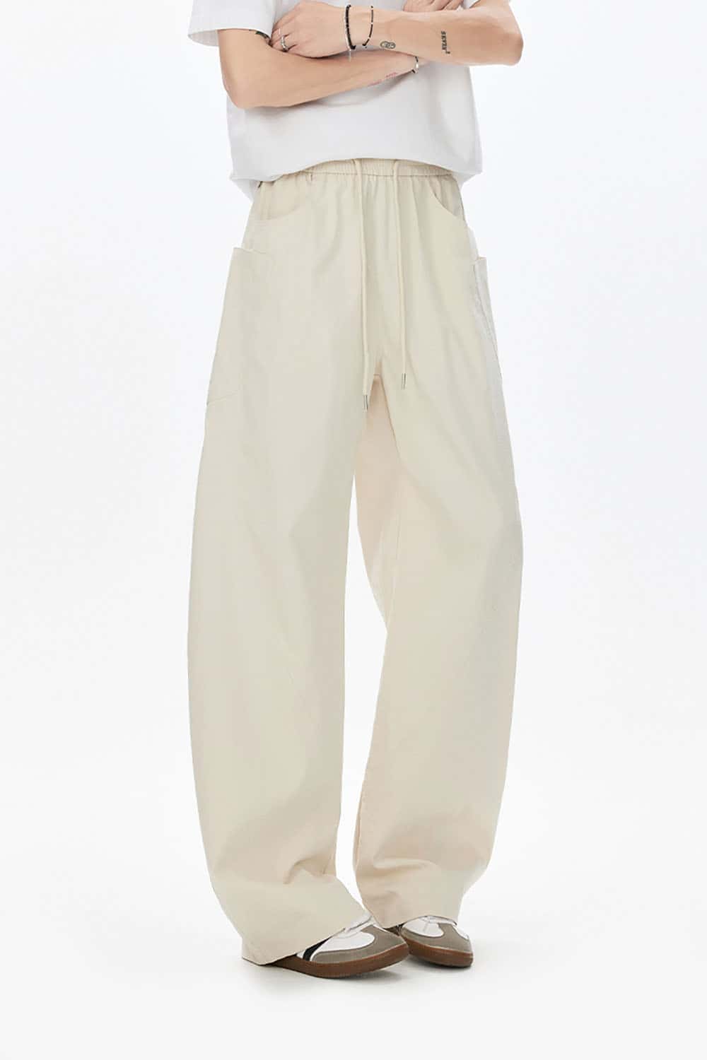 Wide-Leg Curved Seam Pleated Pants _ Solid Color Relaxed Fit Casual Trousers