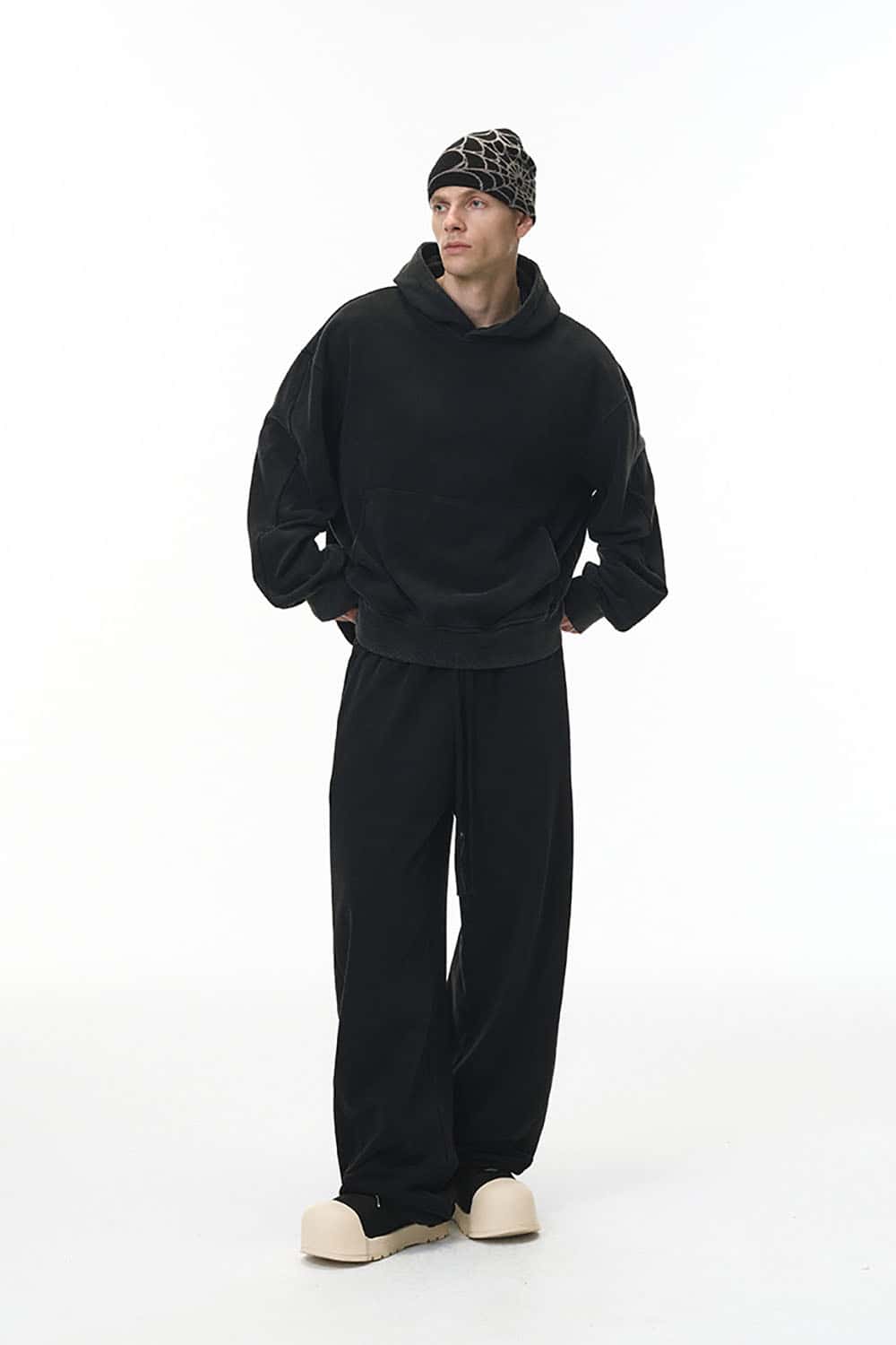 Washed Curved Seam Wide-Leg Sweatpants _ 380G Solid Color Street Style Trousers