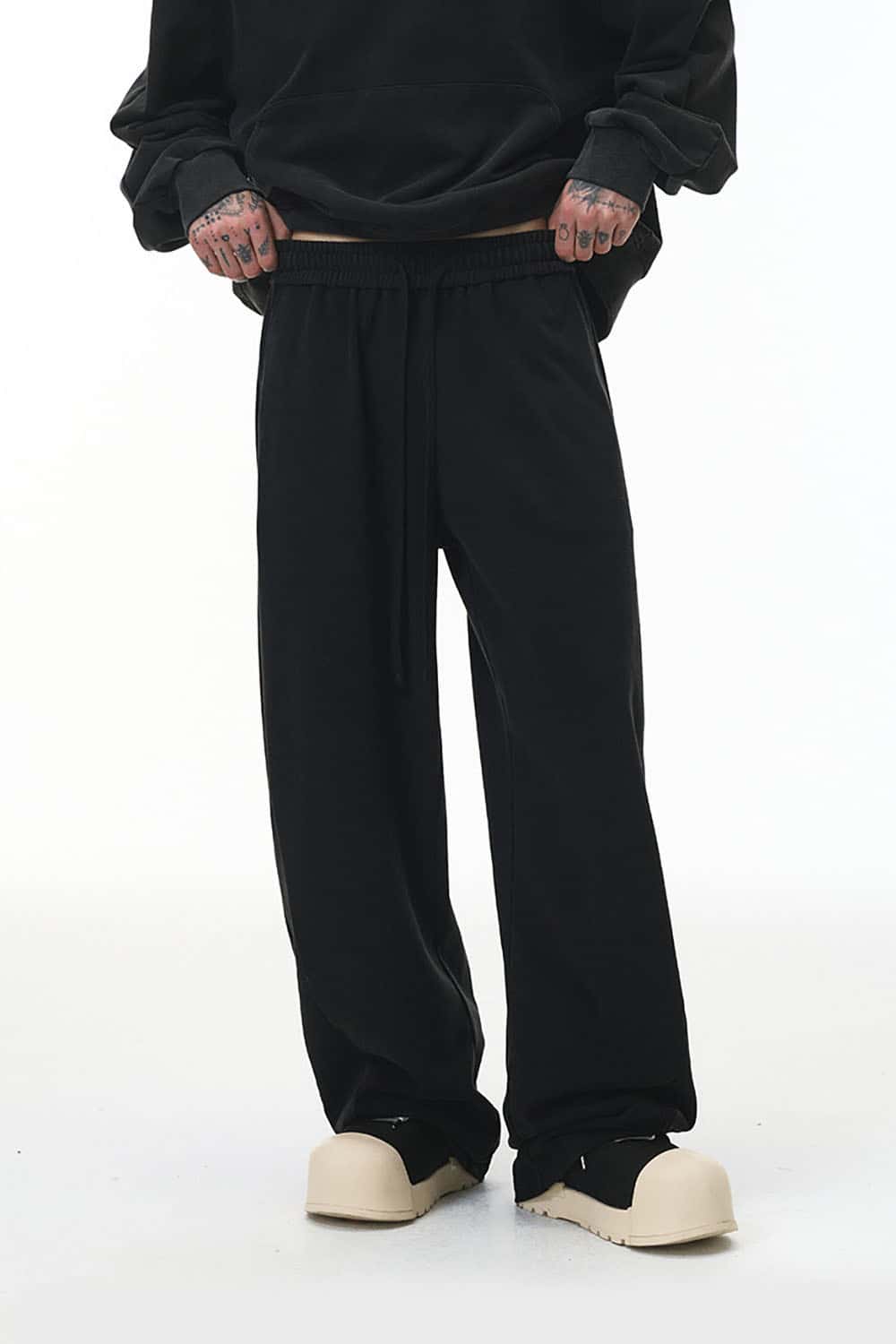 Washed Curved Seam Wide-Leg Sweatpants _ 380G Solid Color Street Style Trousers
