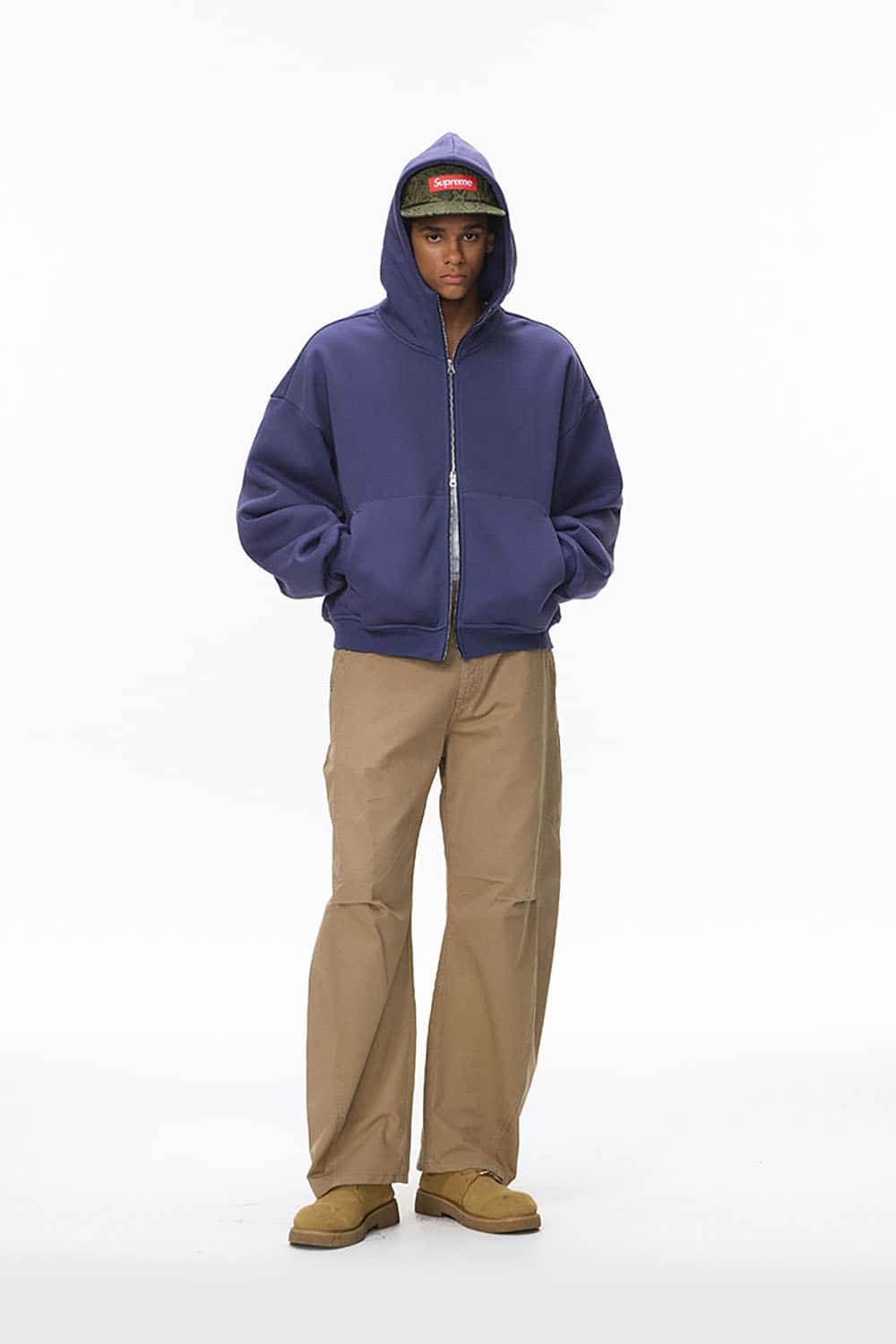 Boxy Fit Fleece-Lined Zip Hoodie _ Curved Sleeve Eggshell Plush Hooded Jacket