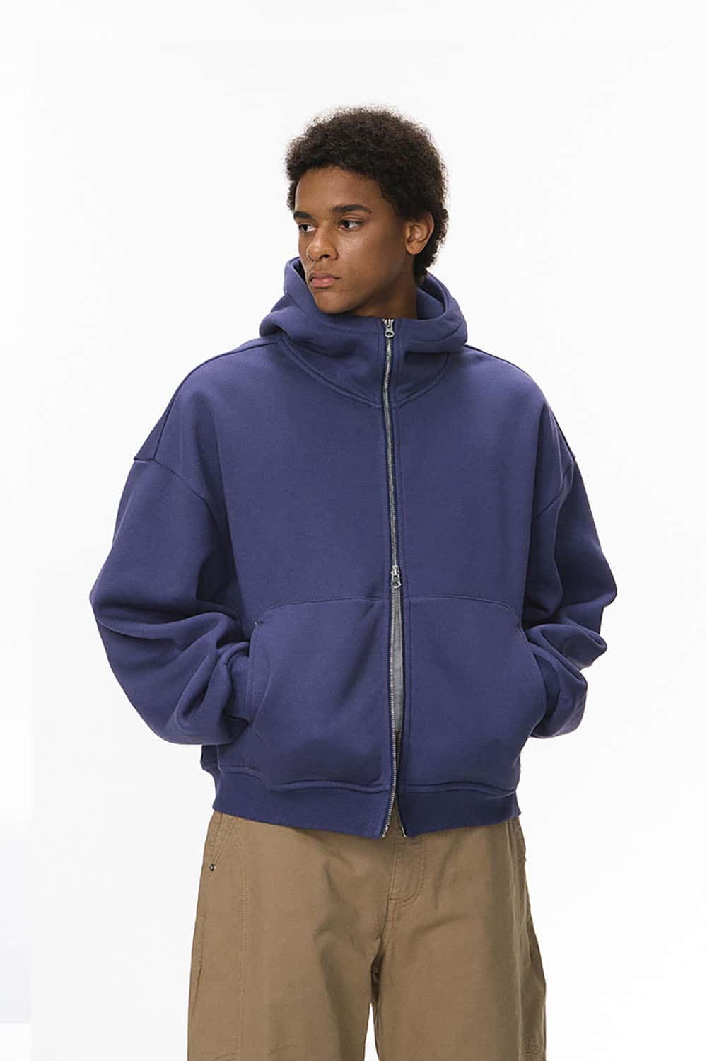 Boxy Fit Fleece-Lined Zip Hoodie _ Curved Sleeve Eggshell Plush Hooded Jacket
