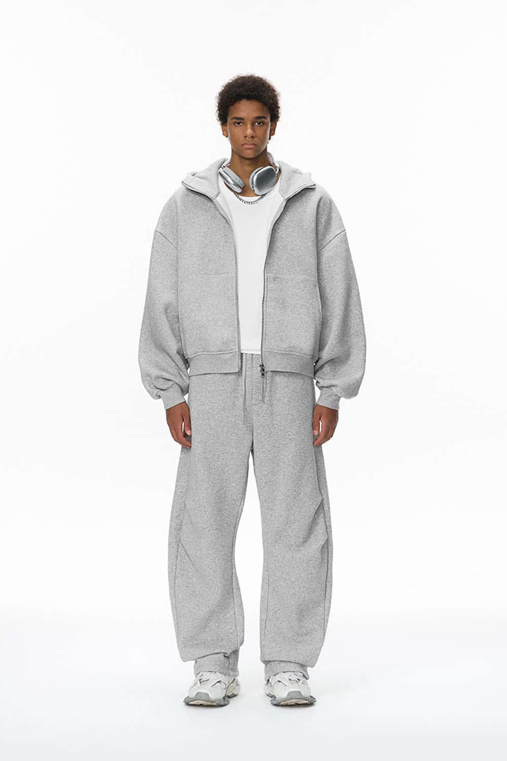 Boxy Fit Fleece-Lined Zip Hoodie _ Curved Sleeve Eggshell Plush Hooded Jacket