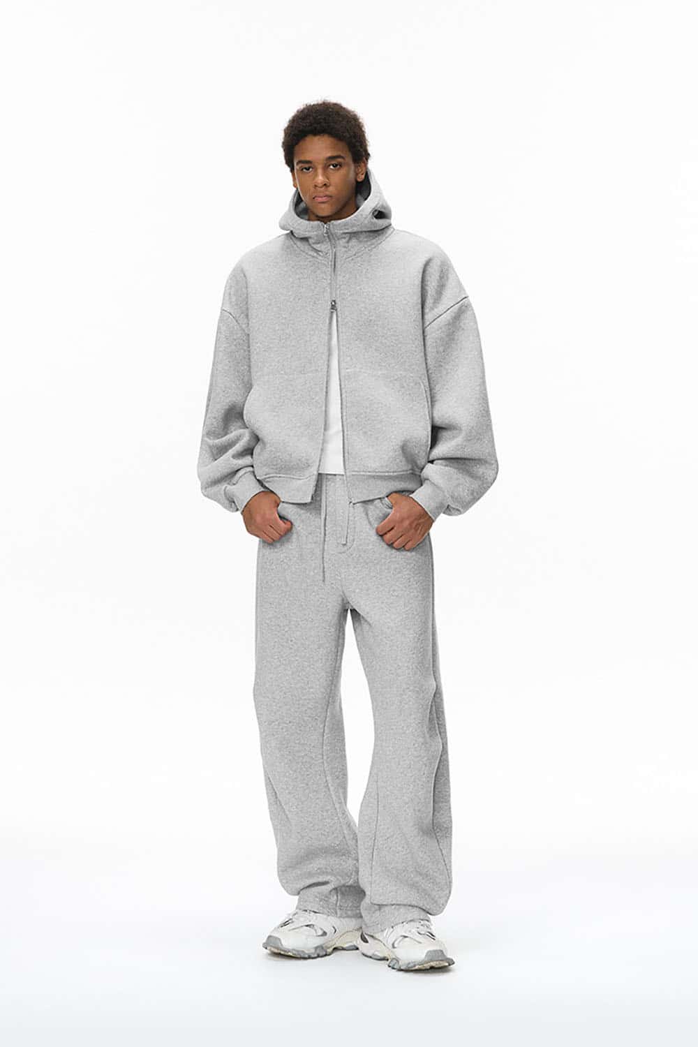 Boxy Fit Fleece-Lined Zip Hoodie _ Curved Sleeve Eggshell Plush Hooded Jacket